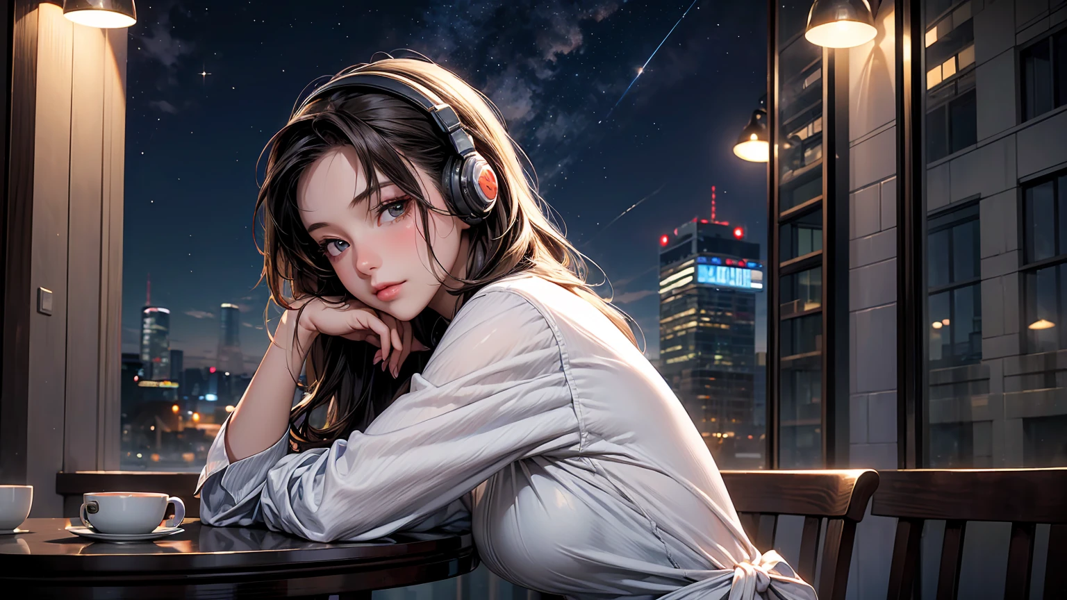 ((masterpiece)),(((bestquality))),((ultra-detailed)) realisticlying, 1 girl, Beautiful, wearing headphones, enjoying hot coffee solo, Late Night Cafe, looking to viewer, city, starry sky, cloud, night.