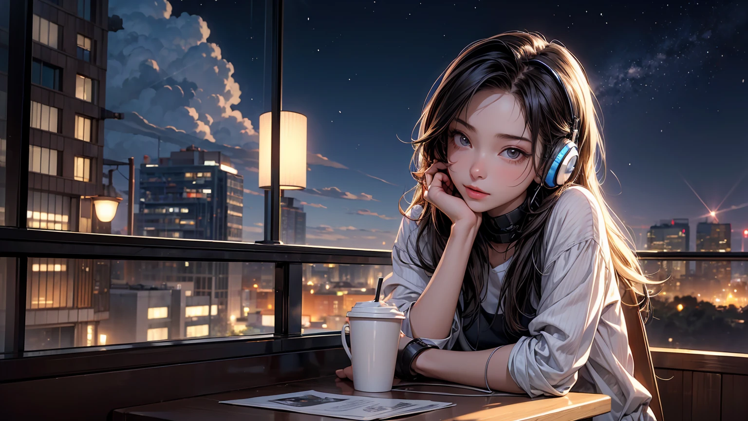 ((masterpiece)),(((bestquality))),((ultra-detailed)) realisticlying, 1 girl, Beautiful, wearing headphones, enjoying hot coffee solo, Late Night Cafe, looking to viewer, city, starry sky, cloud, night.