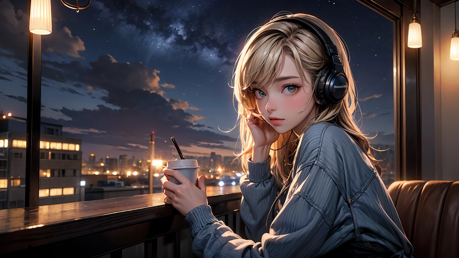 ((masterpiece)),(((bestquality))),((ultra-detailed)) realisticlying, 1 girl, Beautiful, wearing headphones, enjoying hot coffee solo, Late Night Cafe, looking to viewer, city, starry sky, cloud, night.