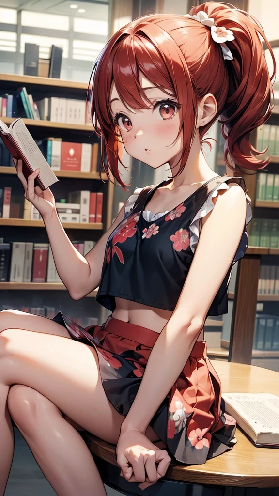 (suzu), ore no imouto ga konna ni kawaii wake ga nai, 25-yers-old girl with crimson red hair- pulled up into twin ponytails, wearing a floral crop top and mini skirt, library background, sitting down, reading a book, look surprised, back turned 