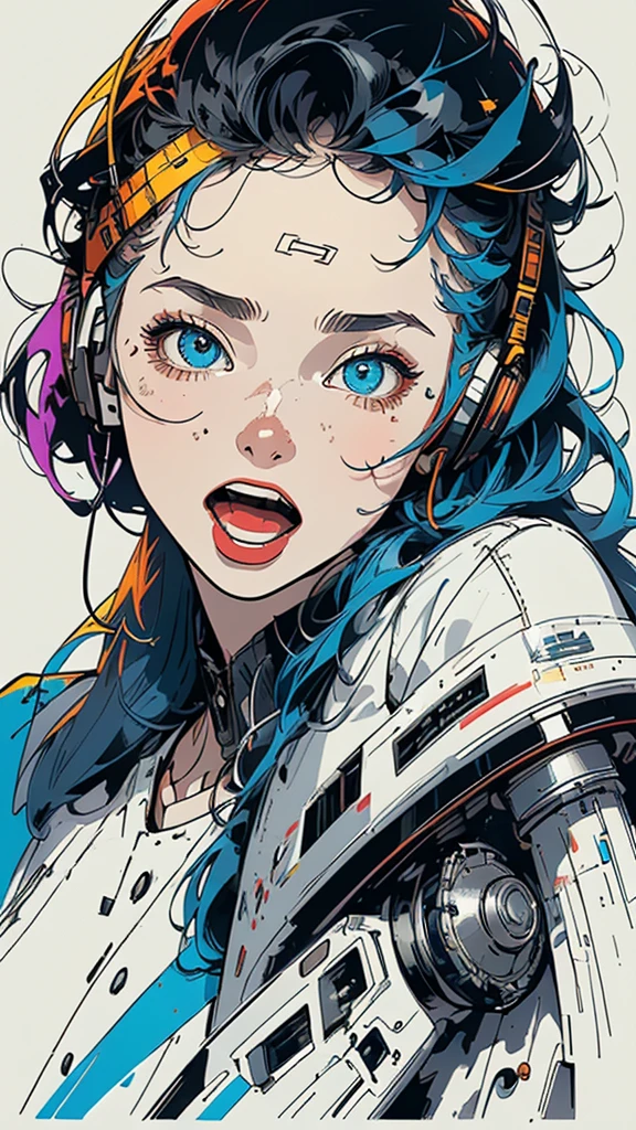(((masterpiece, highest quality))),(((solo:1.2))),(((1girl:1.2))),32k wallpaper, very detailed, poster, vintage science fiction,(((((geometric cinematic movie poster))))), ((bauhaus)),(shape),(((abstract))),(mid century modern),(((((portfolio))))),(((((Close-up))))),(((((bust up))))),((((more various angle)))),((((highlight)))),((((heterochromia)))),(((complete. detailed face))),((((Extremely talented)))),(((((most complecated futristic machine))))),(Colorful color scheme),(((detailed unlimited complete equipment : headphone like a rail gun))),(((((Absolutely simple background))))),(((Texture for people : grunge))),(((((open mouth amazing wide))))),(((((SCREAM)))))