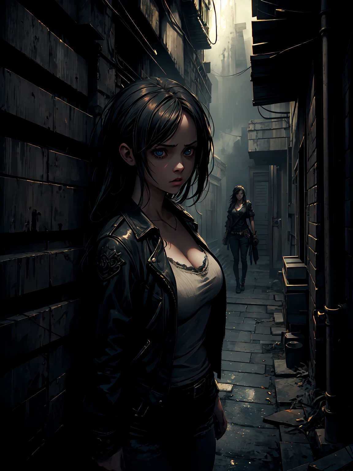a young woman in a dark alley, terrified expression, realistic horror scene, chiaroscuro lighting, cinematic composition, moody colors, gritty atmosphere, hyper-realistic, unreal engine, masterpiece, 8k, photorealistic, intricate details, dramatic shadows, ominous mood.