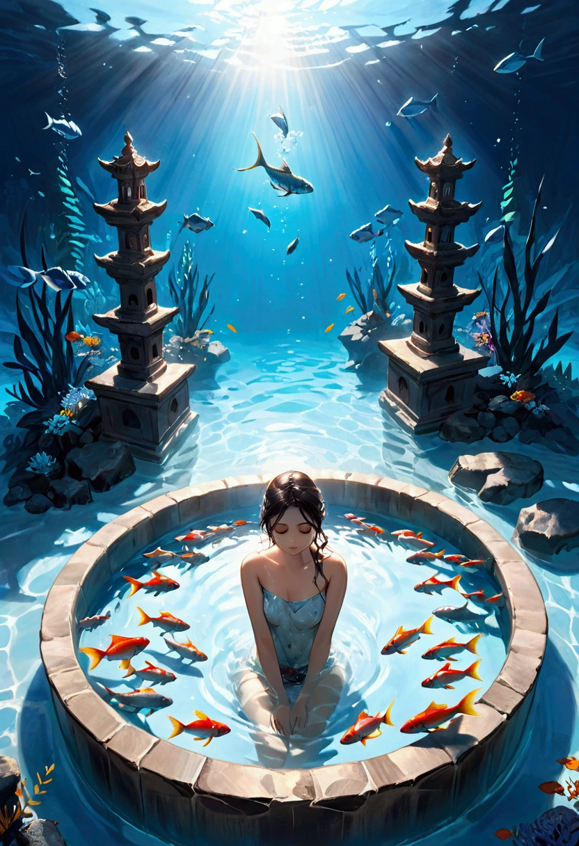 A woman was bathing in the betap, with several fish in the betap.