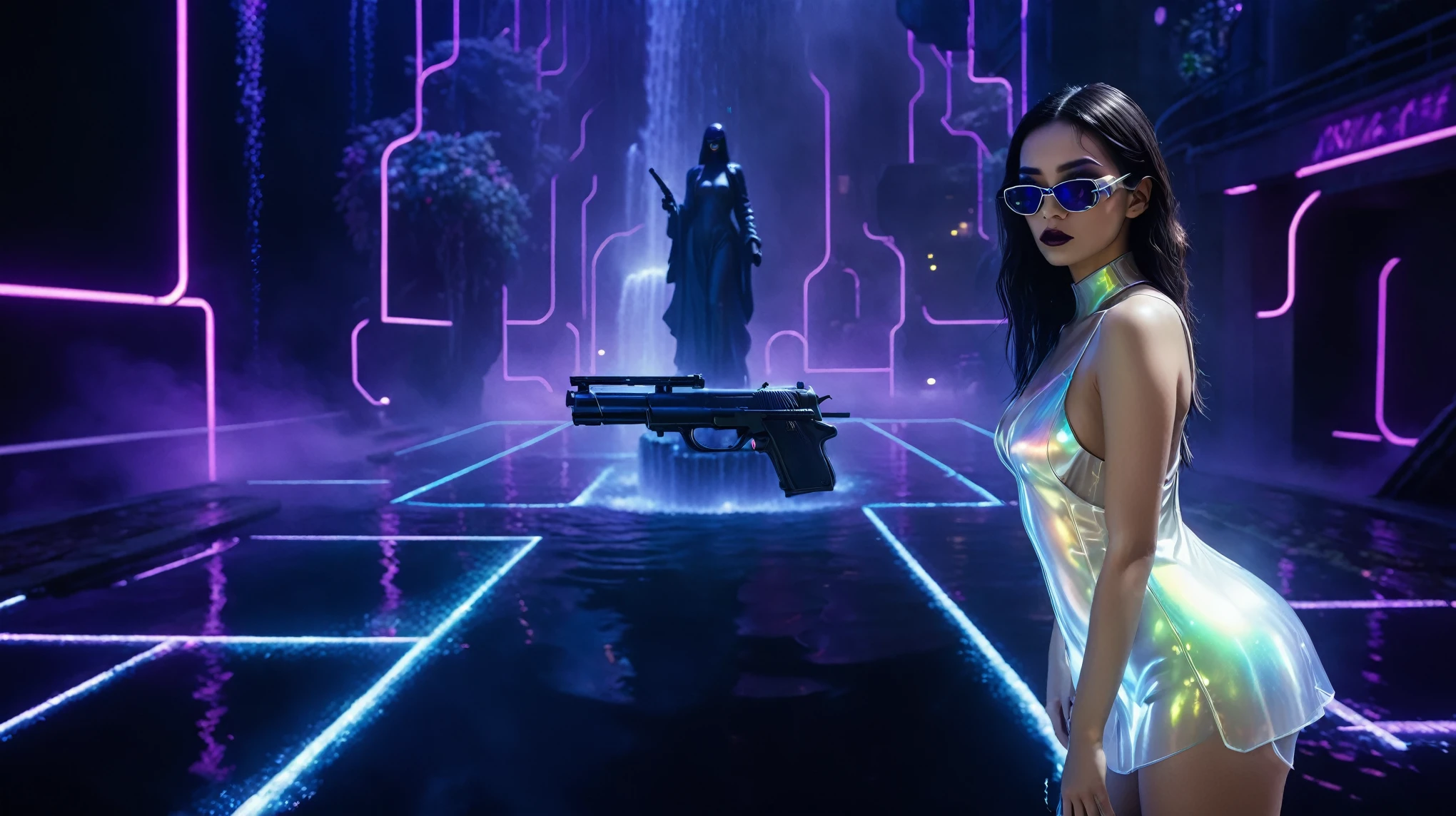 At night, aerial view of a mysterial sky garden, horror dark statue, a holographic cyberpunk city in the background with flying vehicle, fountain, waterfall, atmospheric fog, Matrix style, (1girl, solo), large-breast:1.3 D-cup slim:0.9 body, cleavage:1.3, seductive costume, (mini VR sunglasses), (((holding a pistol))), standing, half-body thigh level medium shot, depth of field, cinematic lighting, ray tracing.