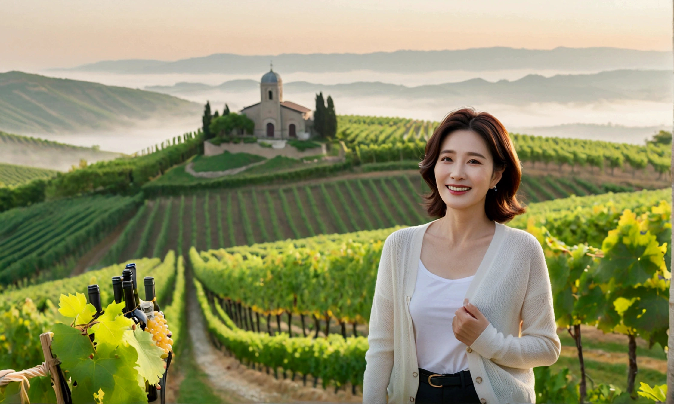 Italy foggy countryside dawn, Endless vineyards, A cathedral can be seen far away in the fog.. Korean woman in her 40s, Wearing a short cardigan over a luxury brand white T-shirt, casual pants, Korean woman with short and medium hair, hair is beautiful. Standing on a path on top of a vineyard hill, Beautiful Korean woman with bright and clear skin, the neck is long and beautiful. Inspired by Son Ye-jin. Beautiful Korean woman smiling, standing in the vineyard,1 woman, Your eyes are big and pretty, standing on a hill in a vineyard, 1 woman, Clear picture quality, Fair skin and no wrinkles on the neck, The eyes are clear and big, Hair texture is clean and shiny