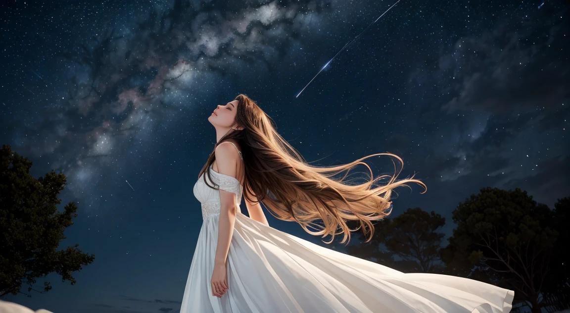 A high-quality, detailed image of a beautiful woman with long hair, wearing a white dress, looking up at the stars. The background is a clear night sky filled with stars