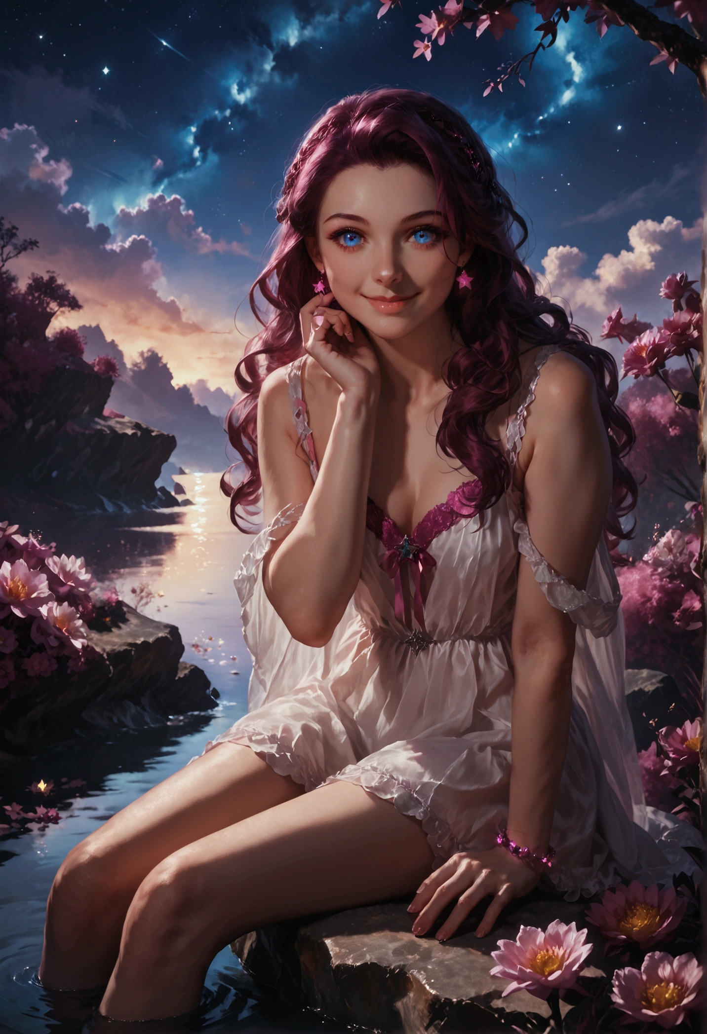 extreme detail, multi-layered composition, girl sitting on a rock, pretty girl, looking at viewer, smiling, wide view, surrounded by colorful flowers, night sky with glowing stars and moonlight, realistic shadows, immersive environment, accurate hands and fingers, volumetric lighting, rich color palette, detailed textures