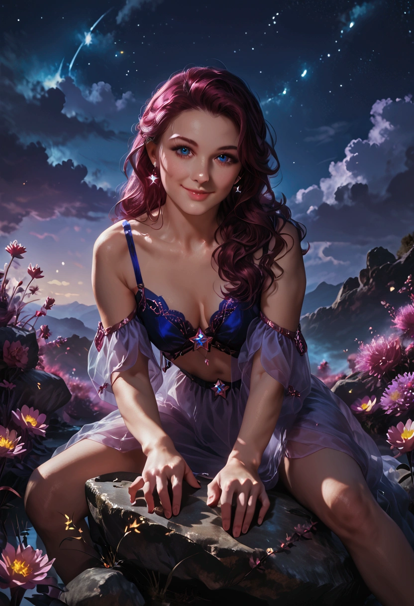 extreme detail, multi-layered composition, girl sitting on a rock, pretty girl, looking at viewer, smiling, wide view, surrounded by colorful flowers, night sky with glowing stars and moonlight, realistic shadows, immersive environment, accurate hands and fingers, volumetric lighting, rich color palette, detailed textures