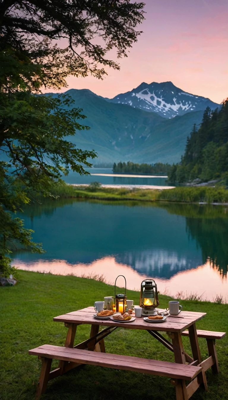 A mesmerizing scene of a lakeside campsite at sunset, artistically captured by @elmagnifico2. A picnic table is laden with remnants of a delicious meal, including a bowl of soup, a plate of pastries, and a pizza. Two empty white mugs and a glass with a bottle, presumably containing beverages, are also visible. The warm glow of the setting sun illuminates the scene through a lantern, casting a soft light. A green tent in the background suggests the campers' temporary abode. A larger gathering is hinted at by another picnic table and a bench. The serene lake reflects the golden hues of the sunset, and towering mountains flank the lake, creating an awe-inspiring backdrop. The sky, a masterpiece of colors, blends orange, yellow, and pink in a breathtaking display of
