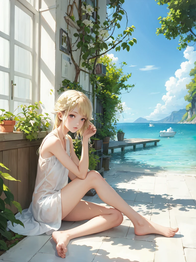 Tranquil voyager girl, in watercolor style, Photorealism, discreet white and mint shades, barefoot, blonde hair, gentle thoughtful image