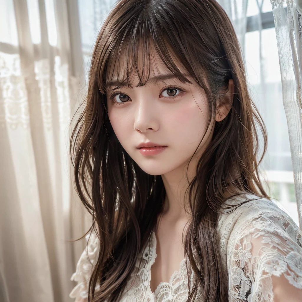 (Highest quality,masterpiece:1.3,超High resolution),(Very detailed,Caustics,8k),(Realistic:1.4,RAW shooting),Super detailed, 超High resolution,18-year-old,Japanese,黒いLong Hair,耳前にLong Hair, (Long Hair:1.2), (Wavy Hair:1.2), (鈍いbangs:1.2), Chest-up shot,Ultra high definition 8K,Highest quality,Very detailedな,masterpiece,Realistic,Rich details,Photographic realism,Very detailedな環境,Very detailedな照明,Very detailedな詳細,,Detailed skin texture,Scattered under the surface,(blush:0.5),Photographic works,A slightly sad expression,Beautiful, shining lips, Detailed face、 bangs, Hair between the eyes, (Tangled in lace curtains:1.5),Looking into the camera,Top view angle,,Natural light, masterpiece, Highest quality, High resolution, ,(Face Focus:1.1),(Face close-up:1.1),Sunset
