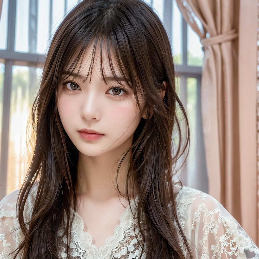 (Highest quality,masterpiece:1.3,超High resolution),(Very detailed,Caustics,8k),(Realistic:1.4,RAW shooting),Super detailed, 超High resolution,18-year-old,Japanese,黒いLong Hair,耳前にLong Hair, (Long Hair:1.2), (Wavy Hair:1.2), (鈍いbangs:1.2), Chest-up shot,Ultra high definition 8K,Highest quality,Very detailedな,masterpiece,Realistic,Rich details,Photographic realism,Very detailedな環境,Very detailedな照明,Very detailedな詳細,,Detailed skin texture,Scattered under the surface,(blush:0.5),Photographic works,A slightly sad expression,Beautiful, shining lips, Detailed face、 bangs, Hair between the eyes, (Tangled in lace curtains:1.5),Looking into the camera,Top view angle,,Natural light, masterpiece, Highest quality, High resolution, ,(Face Focus:1.1),(Face close-up:1.1),Sunset