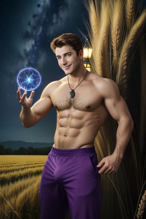 Disney style, (masterpiece), HD, 8K, detailed face, expressive eyes, perfect face, high quality, 1man, looks like Manuel Kornisiuk, fractal gauntlets, electriciy eyes, detailed crotch bulge, exposed chest, body hair, hairy chest, wizard casting a spell and purple electricity body, detailed background, depth of field, night, detailed cosmic sky, wheat field, outdoors, manuelkornisiuk person, smiling,