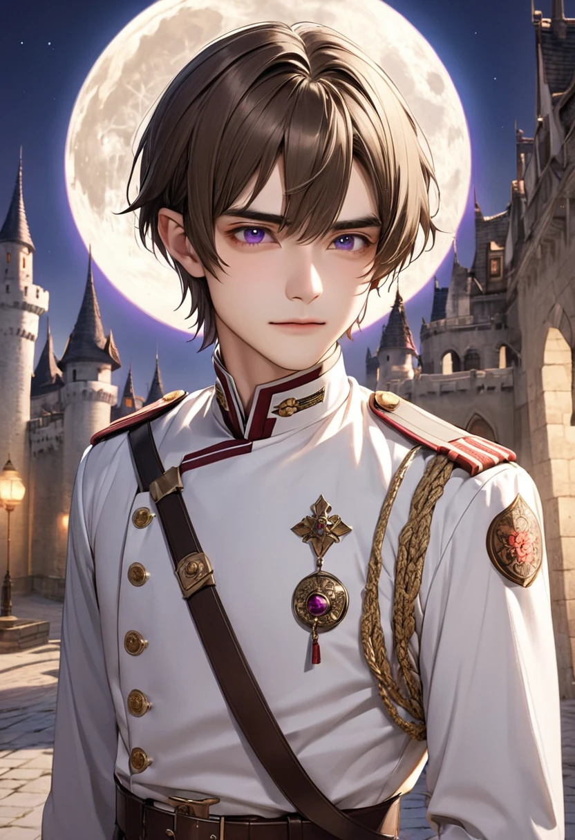 1 male　Brown shoulder-length hair　Brown eyebrows　Bangs without a part　Side hair where ears are not visible　Purple Eyes　White military uniform　full moon　Castle courtyard