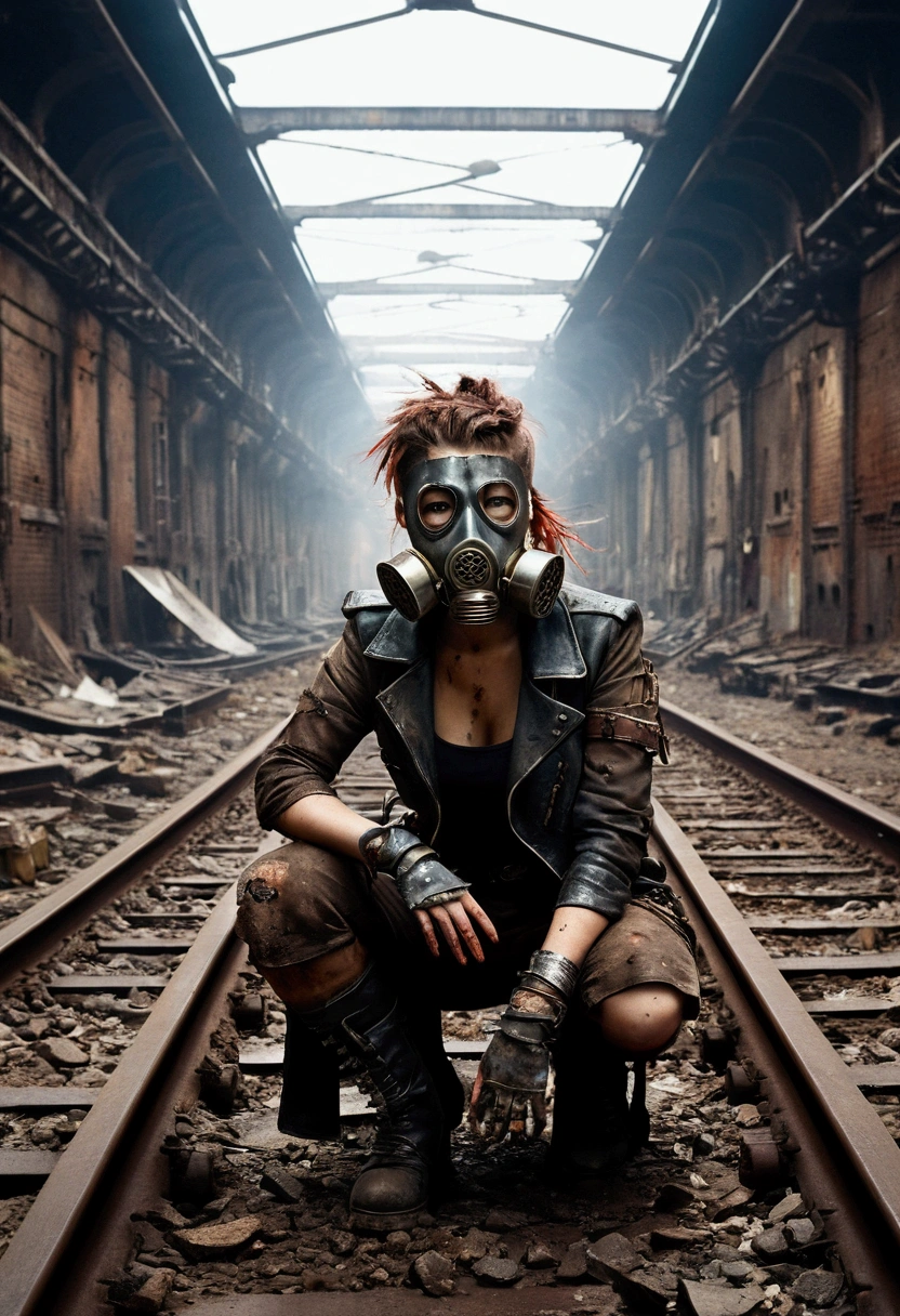 Create a diagonal and faithful image of a sad girl in torn clothes and dirty 18 year old Madmax style leaning against the side of a long rusty and dirty subway train with METAL spikes around it underground, she is wearing an old gas mask, armored train and in ruins, there are MANY SPOTS AROUND the train bodywork. front with a broken metal grille with several rusty spikes and blood-stained anti-zombie spikes; military style train with modifications and protection with metal plates, railings around the train, The train is in the abandoned station underground and dirty in ruins underneath the center of the American city of Manhattan ultra futuristic post-apocalyptic, there is vegetation growing in the corners of the walls in the season, there is debris lying on the train tracks, trem steampunk, dramatic art, dieselpunk art style, apocalyptic road warrior vibe, surreal digital art, mad max inspired, heavy metal artwork, chrome grille symmetry, arte steampunk digital, It&#39;s not the Mad Max style, metal art, is not Filip Hodas; artwork style, steampunk digital art, dieselpunk, in a hightech world, photo on the diagonal, high qualiy, 8k, extremely detaild, as realistic as possible, the highest possible quality.