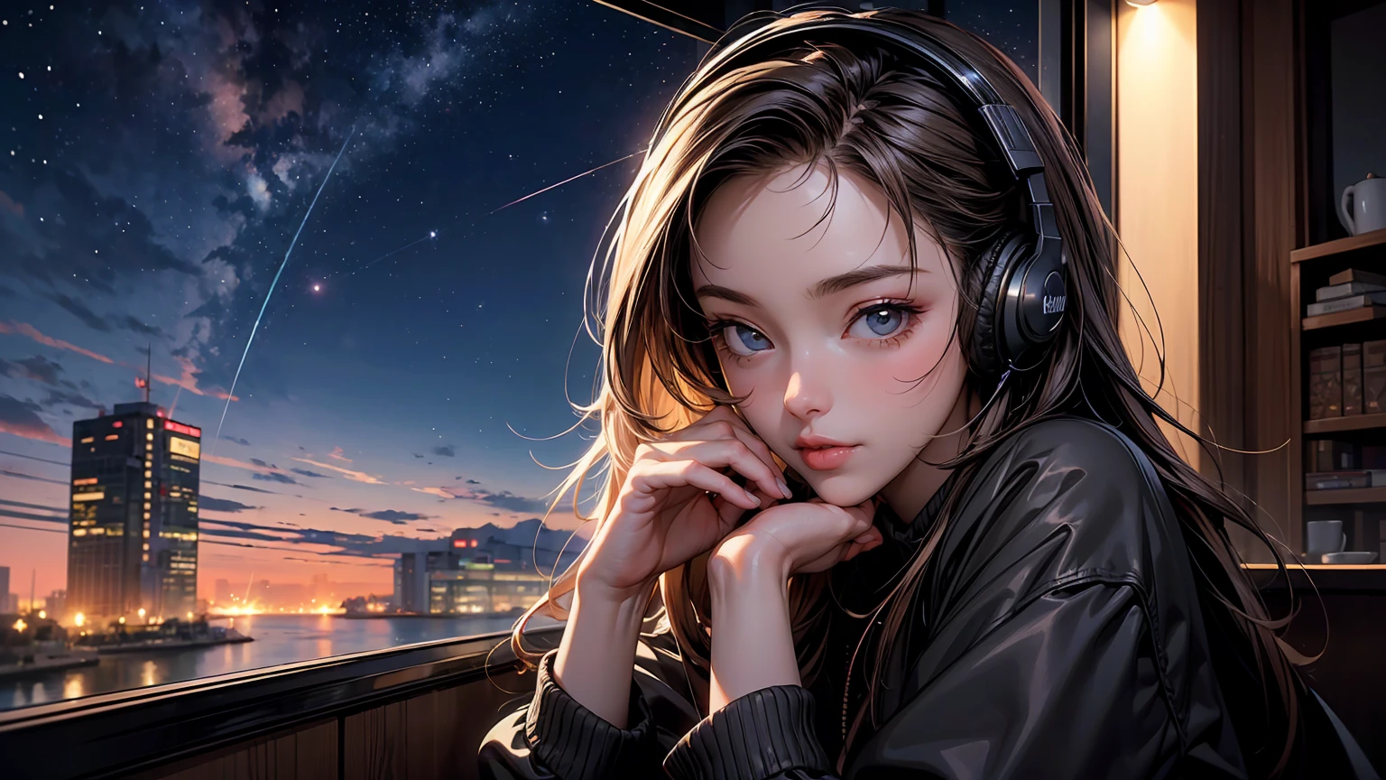 ((masterpiece)),(((bestquality))),((ultra-detailed)) realisticlying, 1 girl, Beautiful, wearing headphones, enjoying hot coffee solo, Late Night Cafe, looking to viewer, city, starry sky, cloud, night.