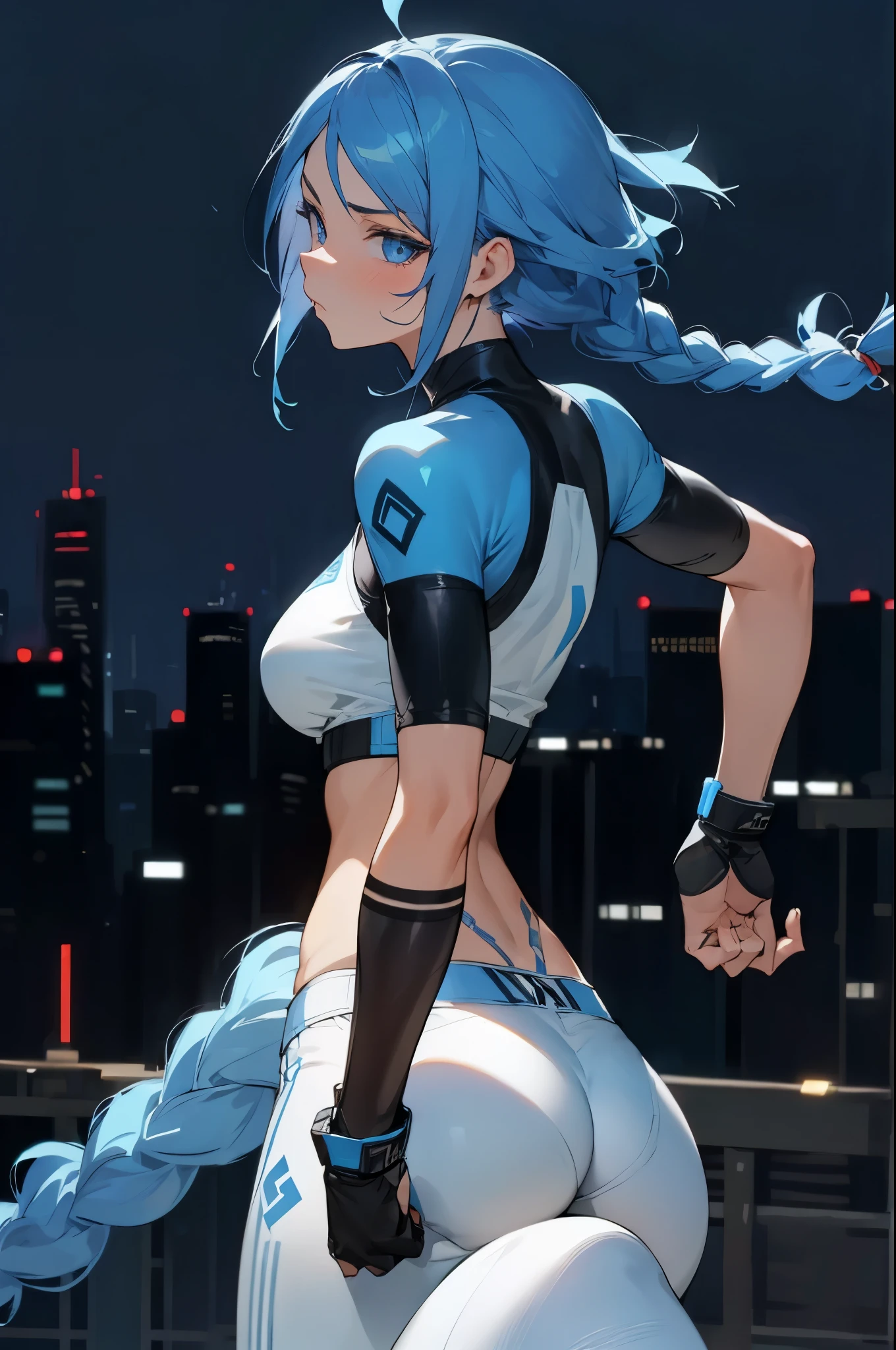 1female, blue hair with a braid, black sports croptop, black arm tattoos, blue eyes, serious expression, looking back, white and blue pants, cityscape background