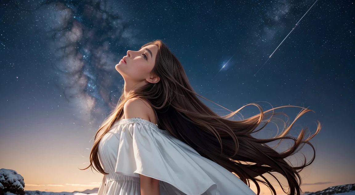 A high-quality, detailed image of a beautiful woman with long hair, wearing a white dress, looking up at the stars. The background is a clear night sky filled with stars