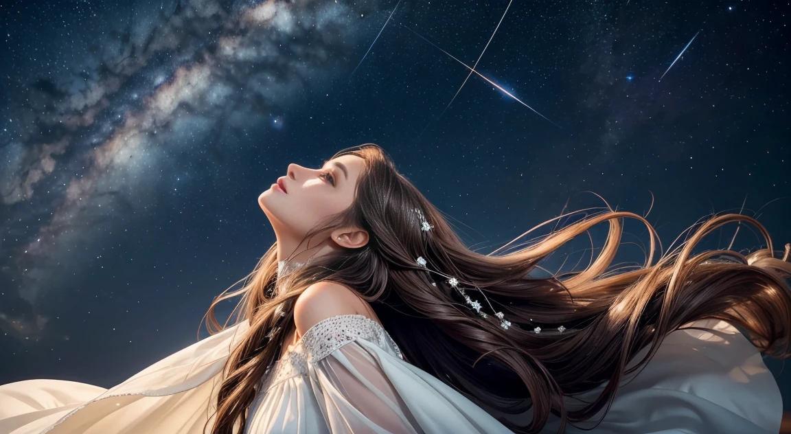 A high-quality, detailed image of a beautiful woman with long hair, wearing a white dress, looking up at the stars. The background is a clear night sky filled with stars