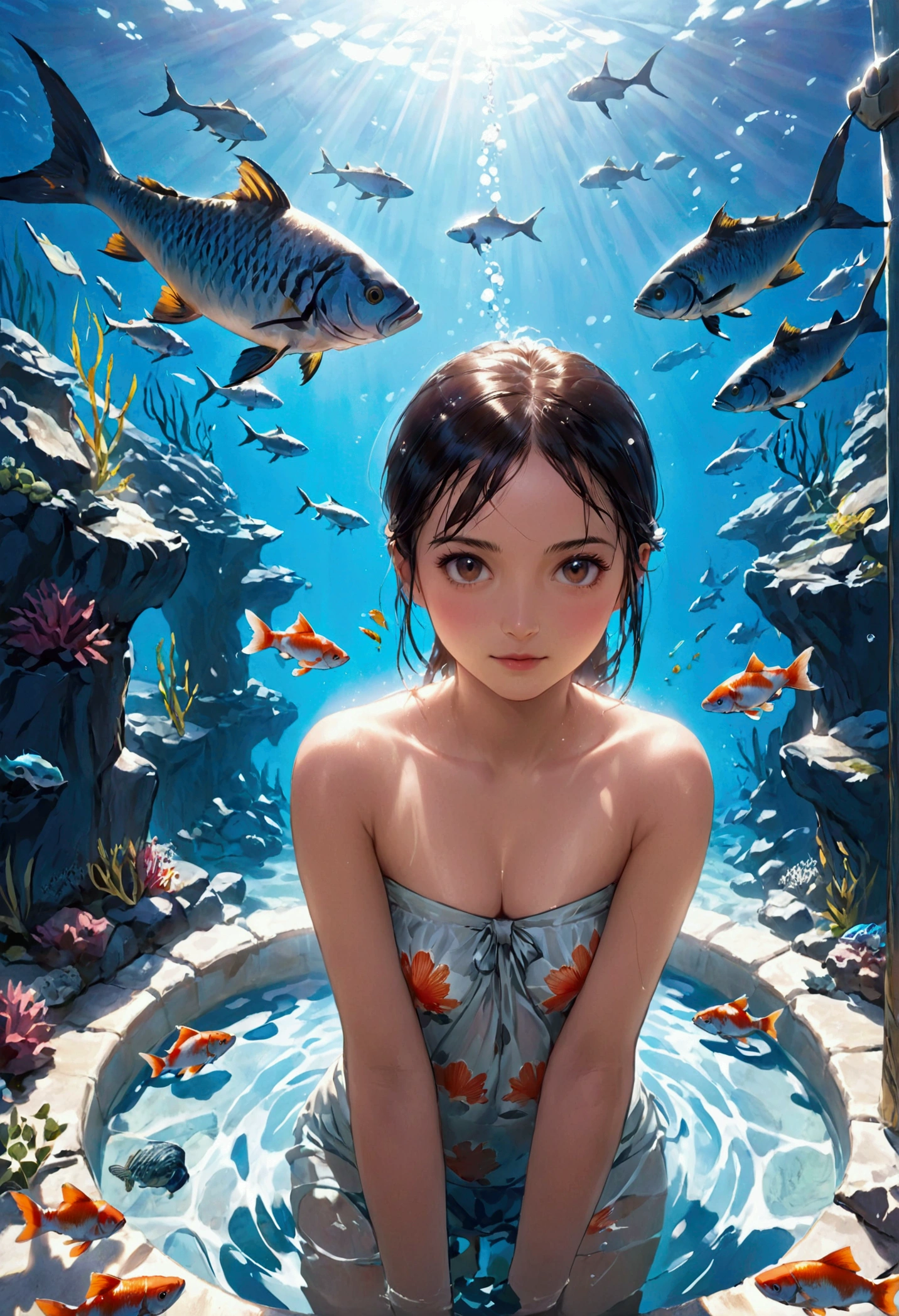 A woman was bathing in the betap, with several fish in the betap,facing the camera.