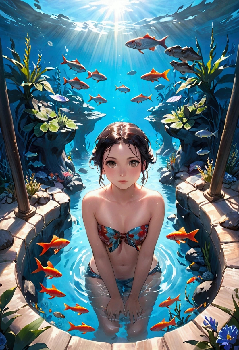 A woman was bathing in the betap, with several fish in the betap,facing the camera.