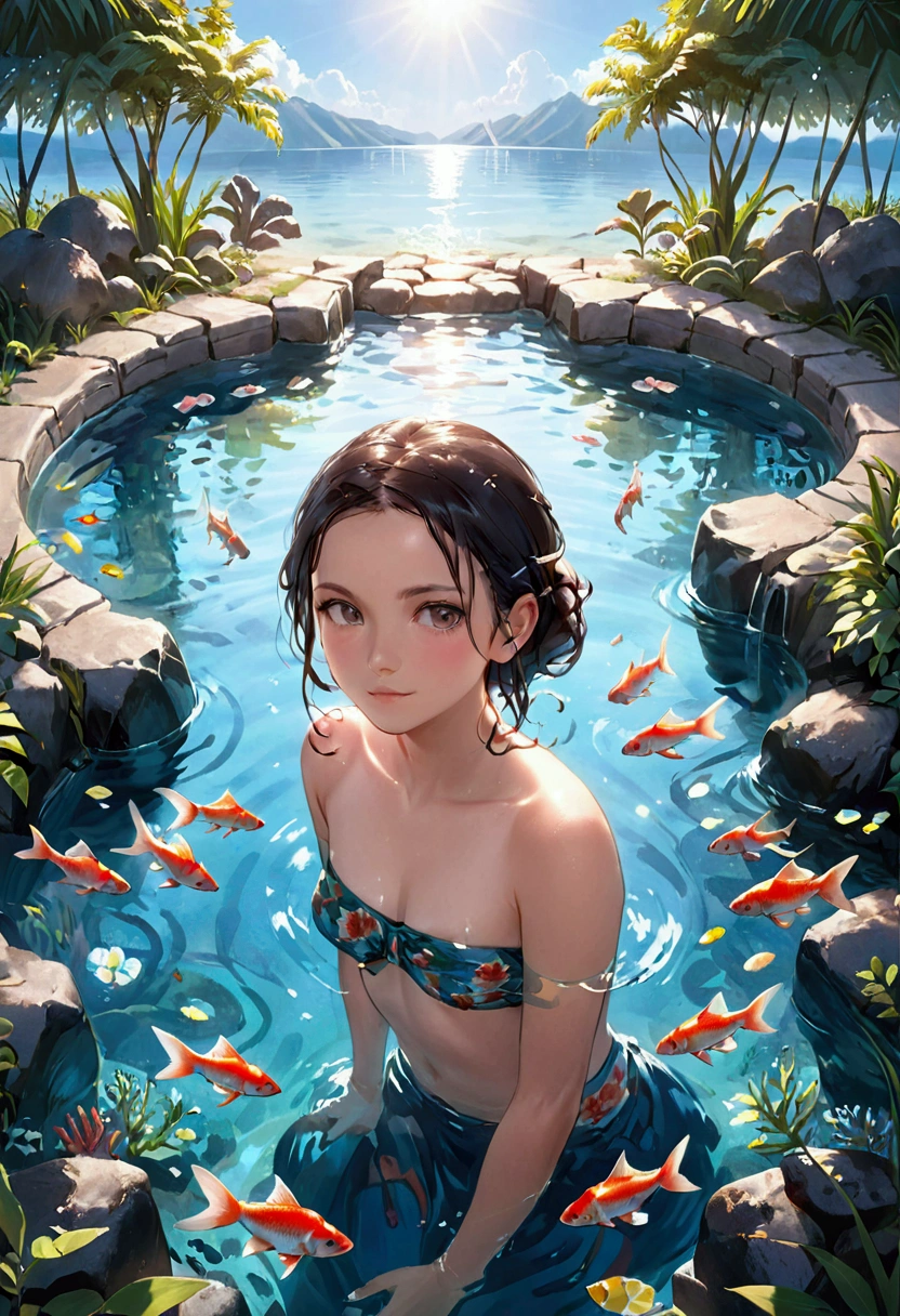 A woman was bathing in the betap, with several fish in the betap,facing the camera.