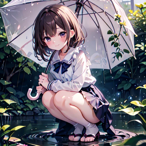 Highest quality, masterpiece, Ultra-high resolution, 8k,
Rainy Sky,garden,(((Girl 1,Little frog 1))),Morning glories grow to waist height,(There is a small frog on a morning glory leaf),((A girl crouches under an umbrella、Staring at a small frog)),(((See the frogs))),Wicked Smile,Happy,Sparkling eyes,Focus on the girl,
Show anime style ,  Soft Line Art, Digital Enhancement, shojo anime touch, shojo manga core, Flowing fabric, close, Soft Drawing, Ultra High Definition Digital Anime Art, Clear facial depiction, Super detailed  cartoon character art, Ultra-detailed manga style, Highest qualityの色,
 (Short brown hair), Wet Hair,Beautiful brown hair, Clear brown eyes, A little thick,Small breasts,Small Ass