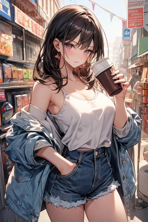 (masterpiece, Best Quality, ultra-detailed, high resolution, extremely detailed CG, official art, Professional Lighting, Perfect Anatomy, anime colors), (from below), looking at viewer, cowboy shot, perfect body, 24yo beautiful 1girl, medium hips, glamorous body,a small face,beautiful-makeup,Makeup light,Shortcut Hair,dark brown hair、Bust b Cup, Amazing Cleavage, thin waist, big ass, Raised sexy, big breast: 1.2 posed cleavage:1.2, (off shoulders,Sportsbra,legginullnude), micro denim shorts, bare legs, nail_polish, pale skin, Waiting friend, (morning:1.5), tokyo, (convenience store:1.3), outdoor, (depth of field:1.3), contrapposto, (Hold a coffee in your hand:1.3),delicate beautiful face, Bright magenta eyes, cute eyes, sparkling eyes, Big eyes, (big breasts:1.3), (perky chest:1.1), (pointed chest:1.3), looking at viewer,