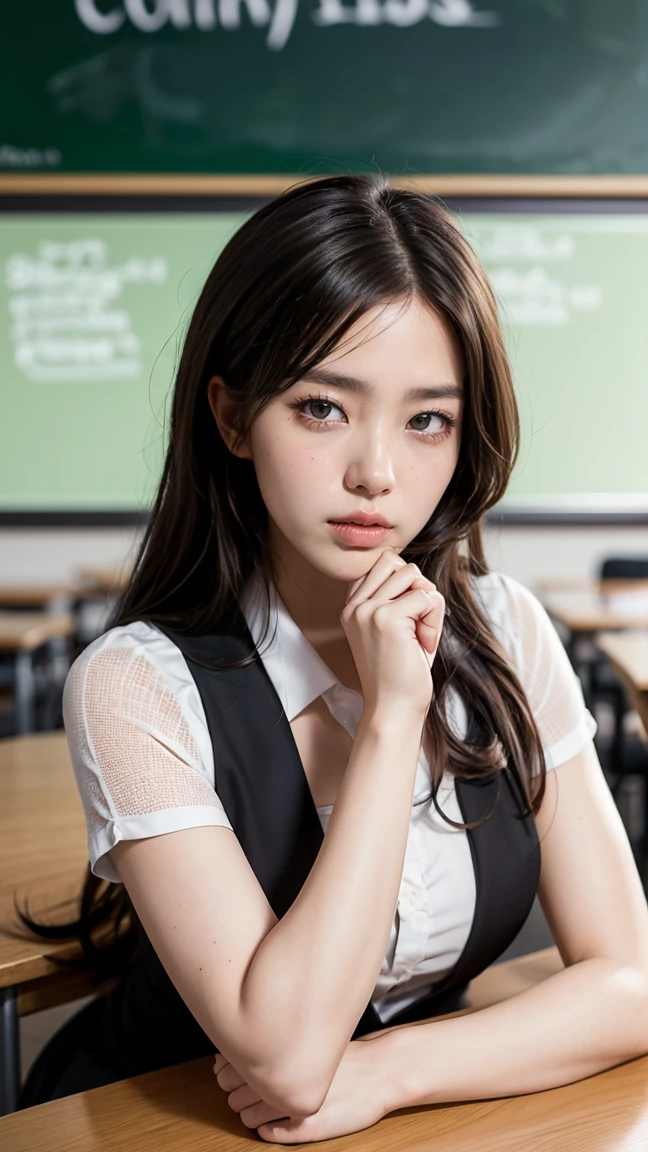 Create an image of Fiora in her Headmistress skin from League of Legends by Riot Games, adorned in a formal, black and white with a stern expression, have massive k-cups, in a traditional classroom setting with chalkboards and desks.
