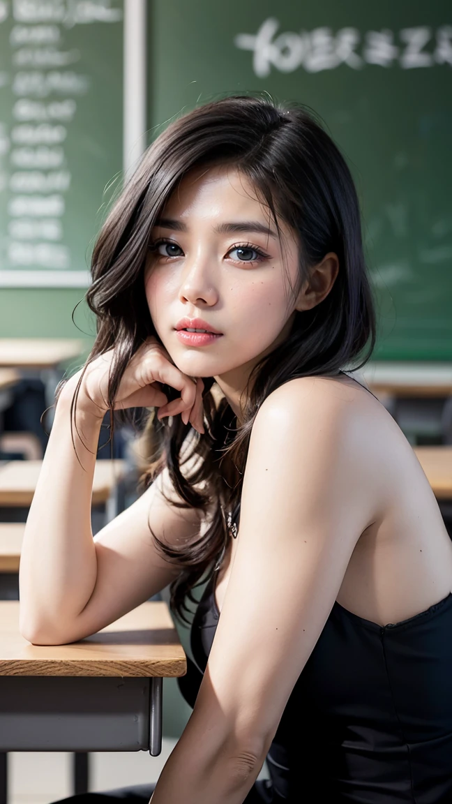 1 Girl, 8K, RAW Photos, highest quality, masterpiece, Realistic, photo-Realistic, (early age girls), (Very small breasts), (White underwearを着た少女), (White underwear), (low length), (Anxious girl standing at her desk), (classroom), Young face, (Back view), (Small breasts), (Very small breasts), (Flat chest), (Close-up of face), Immature body, (classroomの机の前に立っている少女), (Short), (Arms crossed)