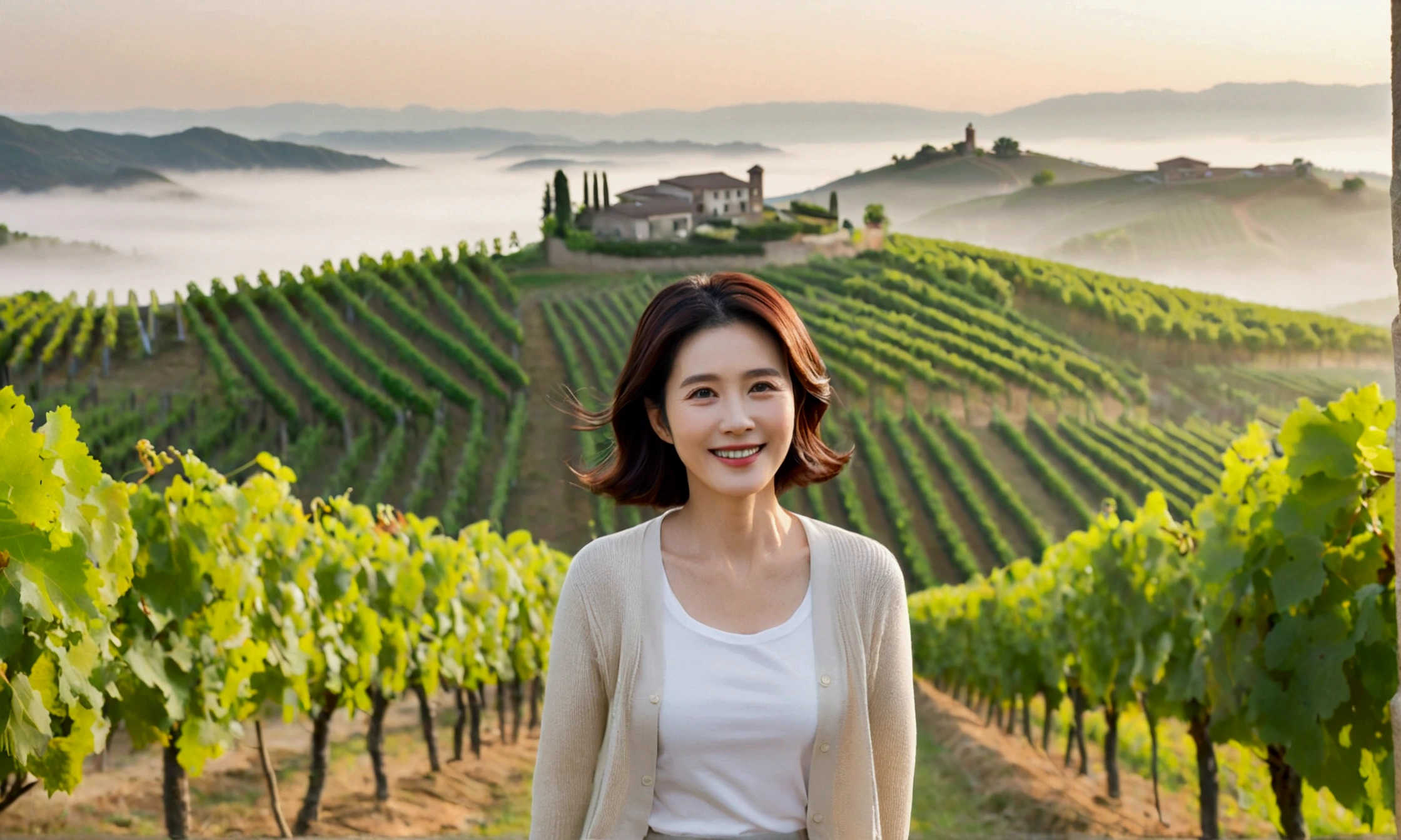 Italy foggy countryside dawn, Endless vineyards, A cathedral can be seen far away in the fog.. Korean woman in her 40s, Wearing a short cardigan over a luxury brand white T-shirt, casual pants, Korean woman with short and medium hair, hair is beautiful. Standing on a path on top of a vineyard hill, Beautiful Korean woman with bright and clear skin, the neck is long and beautiful. Inspired by Son Ye-jin. Beautiful Korean woman smiling, standing in the vineyard,1 woman, Your eyes are big and pretty, standing on a hill in a vineyard, 1 woman, Clear picture quality, Fair skin and no wrinkles on the neck, The eyes are clear and big, Hair texture is clean and shiny, eyes are big