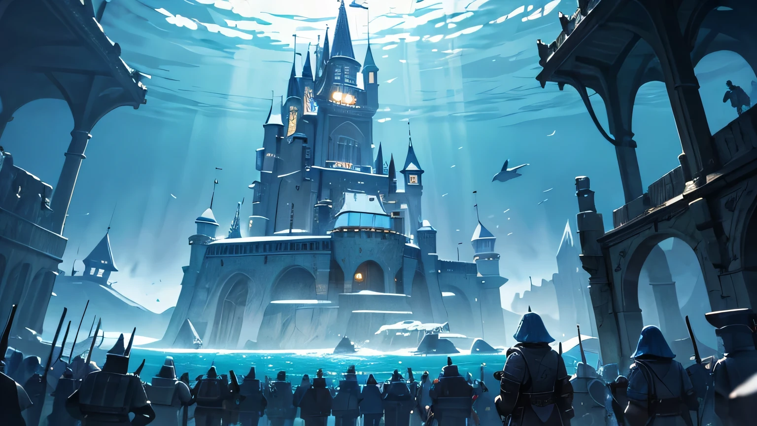 Fantasy world, underwater kingdom, fish, soldiers, crowd, big castle, empire