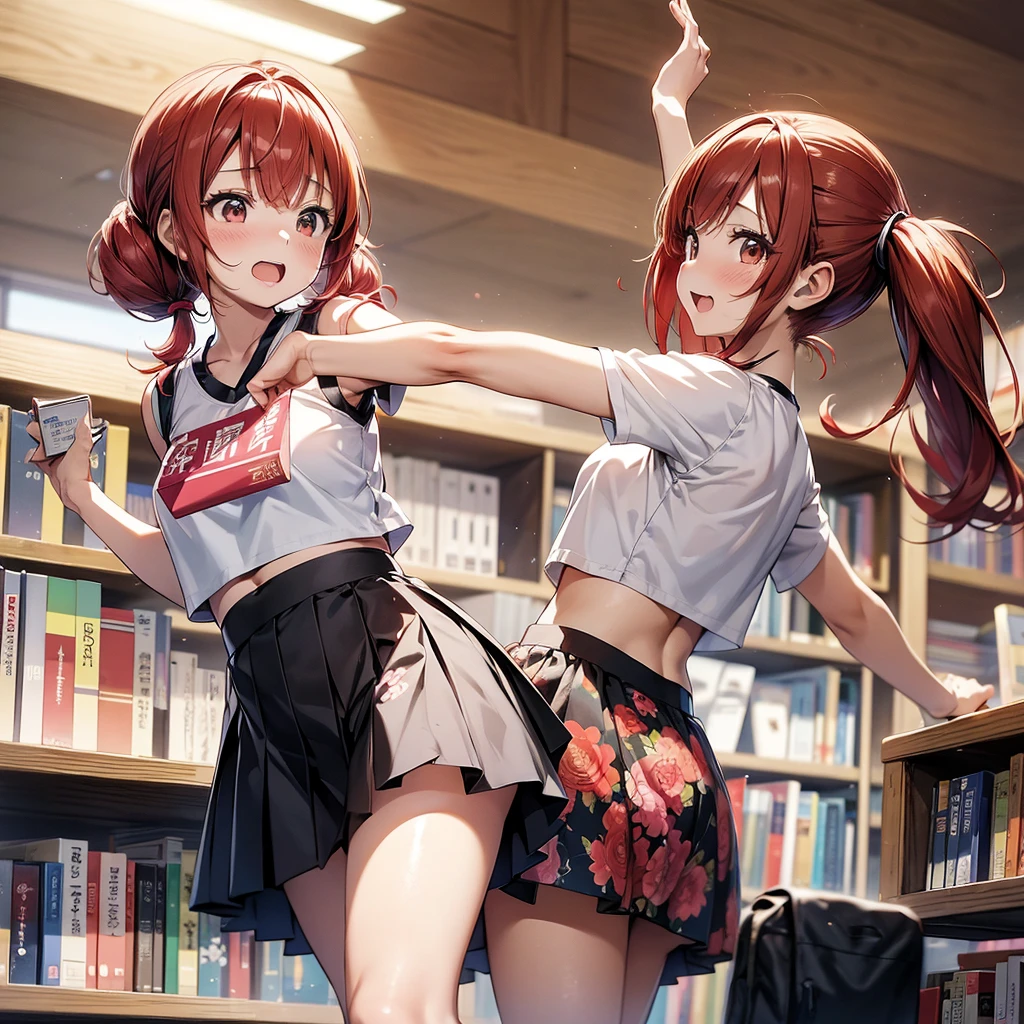 (suzu), ore no imouto ga konna ni kawaii wake ga nai, 25-yers-old girl with crimson red hair- pulled up into twin ponytails, wearing a floral crop top and mini skirt, library background, reaching out for a book, look surprised, back turned