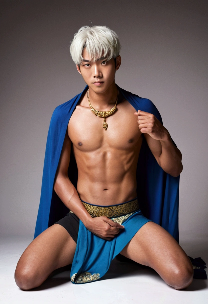 Masterpiece, Best Quality, (Solo), acatboy, shota, Zhengtai 25, Male Focus, 1boy, Solo, Dongfang Long, a boy from the Dragon Clan, with blue eyes, dark brown skin, dark skin, chocolate colored abs, tight fitting underwear, adhesive one-piece tight fitting clothes, protruding, muscular men, full body tight fitting clothes, gradient colors, dirty socks, full body, gradient background, feet emitting heat, Dongfang Empress, Empress Huafu, white hair, white armpit hair, nipples, facial patterns, short hair, ponytail hair, border, cultivation background, white border, artist name, outdated, big smelly feet, abdomen, stains, dirty black adhesive tight fitting clothes, tight fitting clothes worn inside, outer border, bangs, white background, chest, collarbone, long horned boy, handsome posture, adhesive clothes, cloak Standing in the Eastern Immortal Realm, with sexy feet, feet, foot focus, sole of the foot, lifting the sole of the foot facing the screen, without underwear, taking off shoes, barefoot, Hot feet, smelly feet, a lot of dirt, black skin, black skinned boy