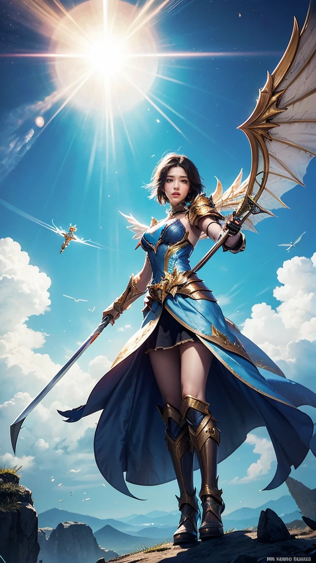 Illustrate Fiora in her Soaring Sword skin from League of Legends by Riot Games, wearing a celestial, winged armor with ethereal designs and a glowing rapier, have massive k-cups, in a divine, cloud-filled realm with floating islands and beams of light.