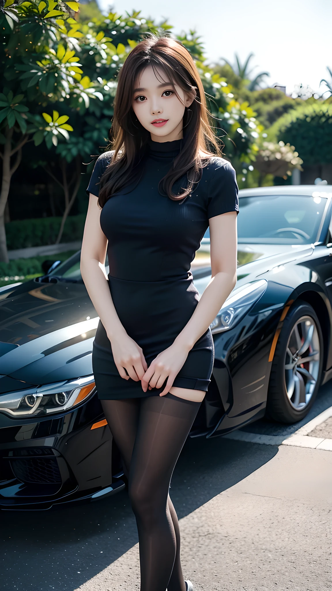 ulzzang-6500-v1.1, (RAW photo: 1.2), (Real photo), (Real photo: 1.4), 1 girl、Perfect anatomy、20 years old、Looking at the camera、Medium length hair、dress, standing in front of a magnificent villa, next to a luxury car, ((in front of the villa: 1.1))、(Super realistic tights: 1.2), (Business service)、Asian eyes Ella,