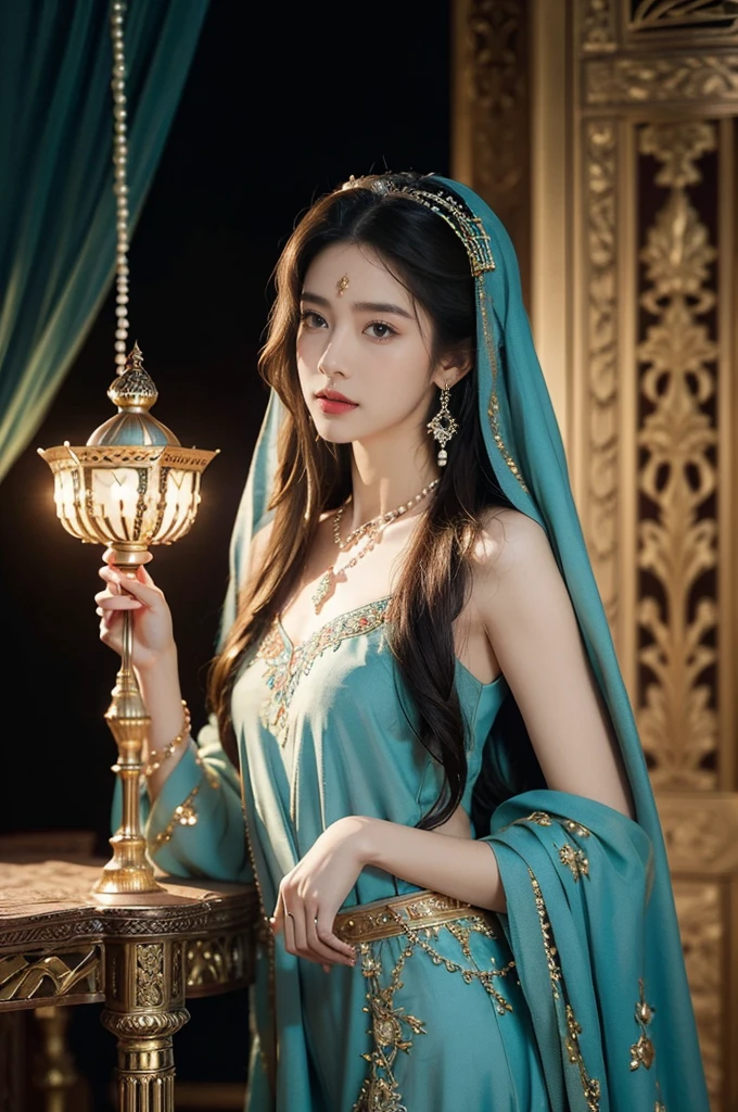 (((best quality))),(((ultra detailed))),(((masterpiece))),illustration,((1girl,Arabian dancer,solo)),((slim,thin)),((small breasts,flat chest)),((earrings,necklace)),((pearls,jewels,gemstones)),(night scene:1.3),(standing:1.3),(in luxurious palace:1.3),(indoor:1.3),(gorgeous embroidered Arabian gown:1.3), intricate patterns,((Arabian theme,Middle Eastern culture)),(shoulder length straight hair:1.2),veil, mystery, ornate furnishings, decorations, enchantment, magic, Persian magic carpet,night sky, floating,Aladdin's lamp, blue flame, fulfillment of desires,Open Sesame,door to the heart, candlelight, illumination, longing, romance, timeless love story, One Thousand and One Nights, coherent narrative, dreamlike atmosphere, deep emotions, graceful movements, passion, face beneath the veil, beloved's dream, timeless beauty, enchantment, tribute, magical world, wondrous journey,((from front,upper body))