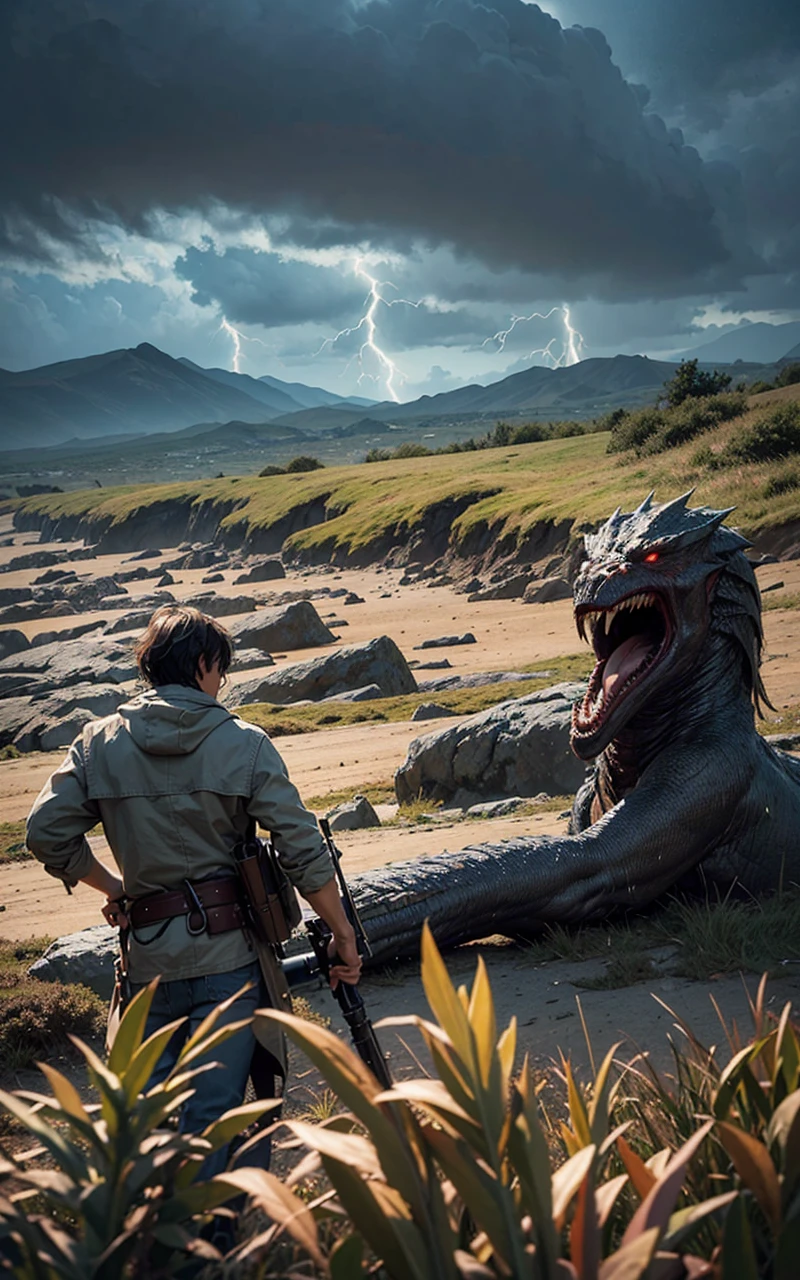 A very detailed painting, Dark world, Depicts a man have a weapon on a hill gazing at a giant alien monster lightning rain breath, author:Shinkai Makoto, By Art Jem, From Wlop, author:Greg Rutkowski, Volumetric Lighting, Octane Rendering, 8K resolution, Popular on artstation, masterpiece ,flame magic