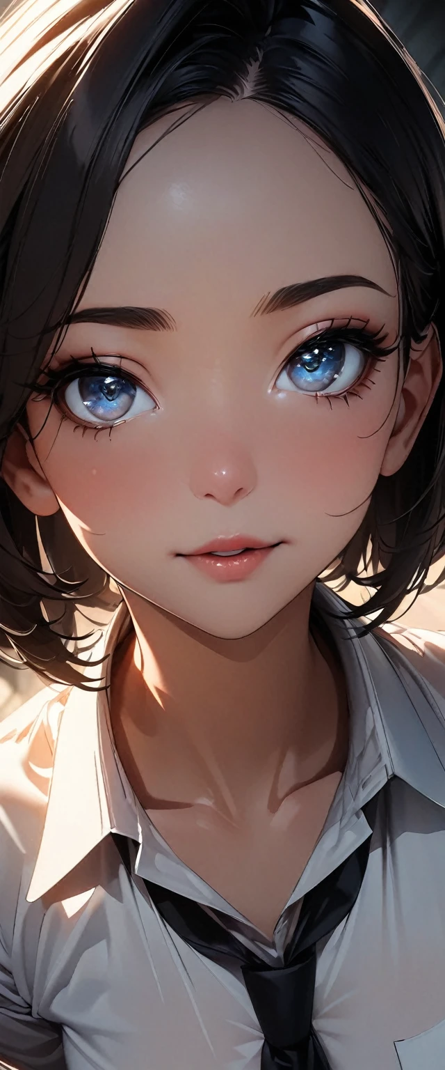 (high quality, 8k, 4K, High Contrast, masterpiece:1.2, 最high quality, Best aesthetics), 1 female, (Realistic skin texture:1.3), (Film Grain:1.3), (Selfie angle, High Angle), One Girl, Beautiful and detailed eyes and face, 最high quality, close, Upper Body,Black Hair，