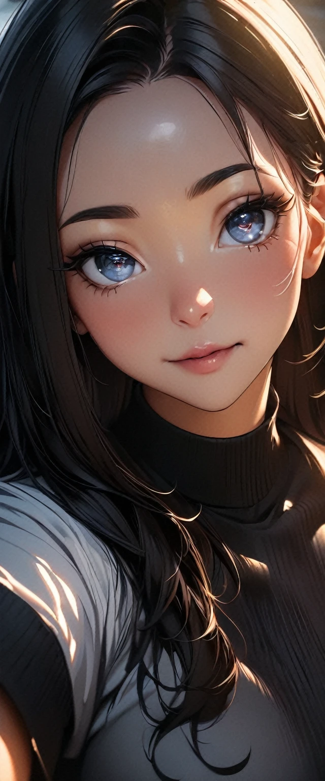 (high quality, 8k, 4K, High Contrast, masterpiece:1.2, 最high quality, Best aesthetics), 1 female, (Realistic skin texture:1.3), (Film Grain:1.3), (Selfie angle, High Angle), One Girl, Beautiful and detailed eyes and face, 最high quality, close, Upper Body,Black Hair,