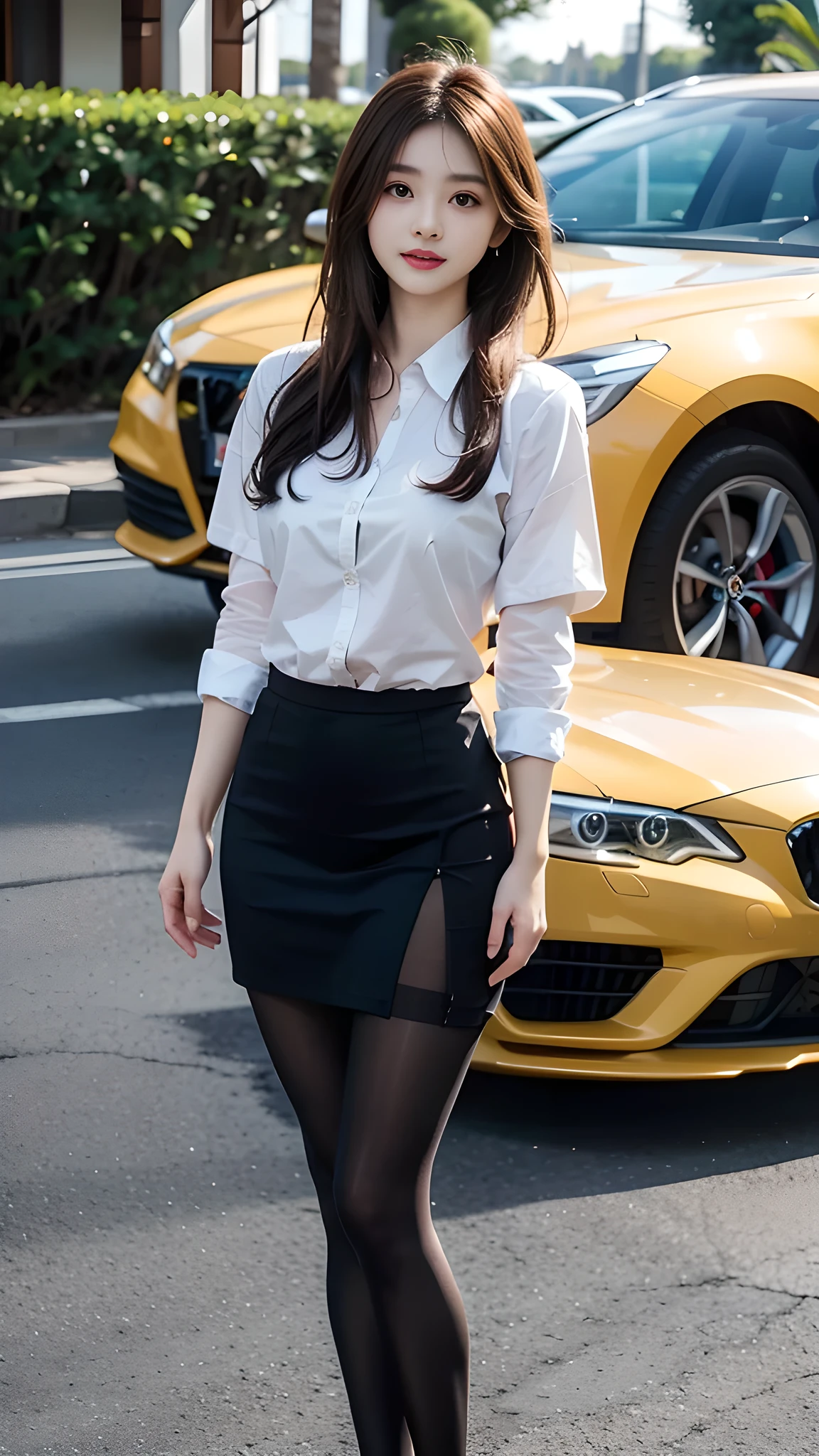 ulzzang-6500-v1.1, (RAW photo: 1.2), (Real photo), (Real photo: 1.4), 1 girl、Perfect anatomy、20 years old、Looking at the camera、Medium length hair、dress, standing in front of a magnificent villa, next to a luxury car, ((in front of the villa: 1.1))、(Super realistic tights: 1.2), (Business service)、Asian eyes Ella,