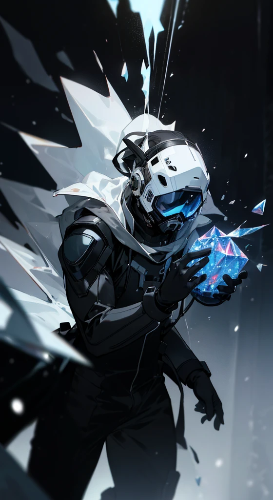 1male, black eyes, black eyes, calm expression, half old diving helmet, crystalized coat, blakc and white suit, hands in pocktes, snowing foggy background