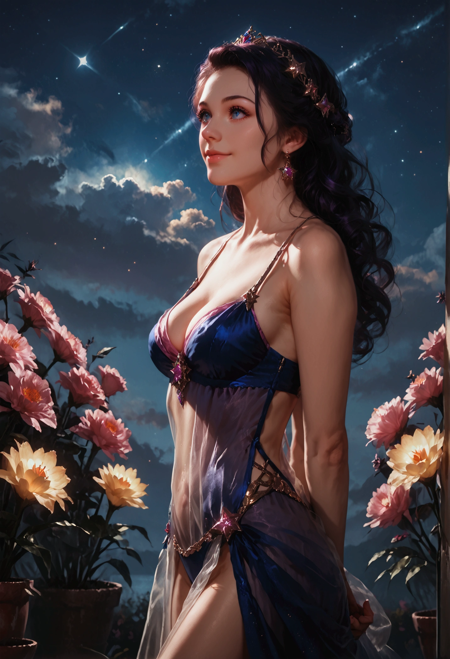 extreme detail, multi-layered composition, girl standing, pretty girl, looking up at sky, smiling, side view, wide view, surrounded by colorful flowers, night sky with glowing stars and moonlight, realistic shadows, immersive environment, accurate hands and fingers, volumetric lighting, rich color palette, detailed textures, cleavage, pretty long legs, hands behind back, see through clothes