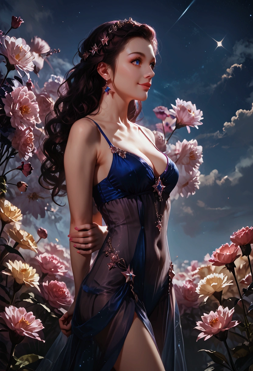 extreme detail, multi-layered composition, girl standing, pretty girl, looking up at sky, smiling, side view, wide view, surrounded by colorful flowers, night sky with glowing stars and moonlight, realistic shadows, immersive environment, accurate hands and fingers, volumetric lighting, rich color palette, detailed textures, cleavage, pretty long legs, hands behind back, see through clothes