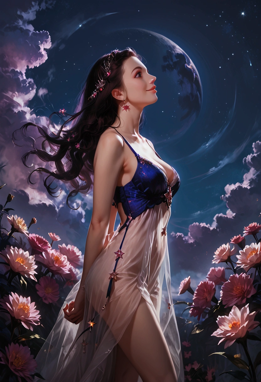 extreme detail, multi-layered composition, girl standing, pretty girl, looking up at sky, smiling, side view, wide view, surrounded by colorful flowers, night sky with glowing stars and moonlight, realistic shadows, immersive environment, accurate hands and fingers, volumetric lighting, rich color palette, detailed textures, cleavage, pretty long legs, hands behind back, see through clothes