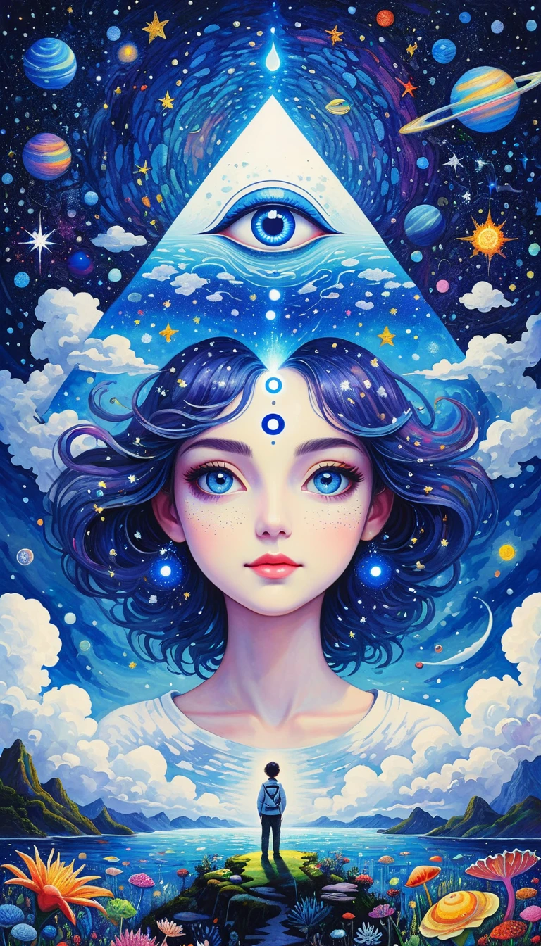 Psychedelic Art。plant、Marine Life、(((Charming eyes，The Third Eye)))、cloud、Starry Sky，Galaxy、Planet、Stitching together an abstract painting，Describing the inner world of autistic people，Sense of space，Blank，White space，Pointillism method，Childish lines，Klein Blue，Incorporating Monet&#39;s artistic style