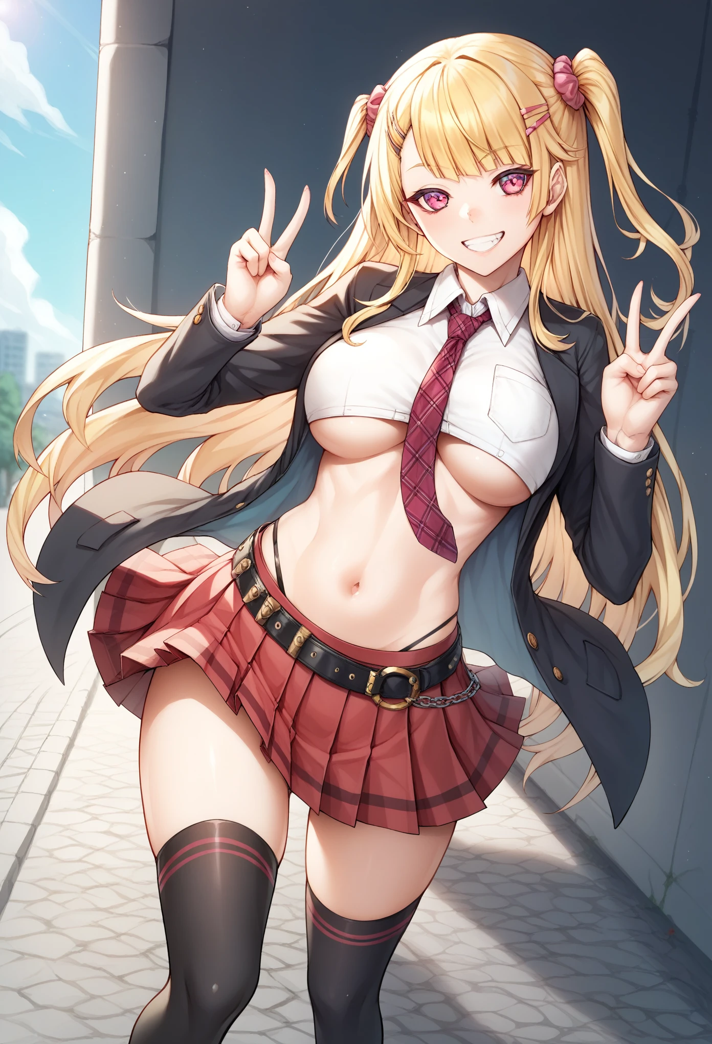 score_9, score_8_up, score_7_up, 1girl, solo, long hair, pink eyes, blonde hair, one side up, skirt, shirt, grin, hair ornament, thighhighs, hadegalchainbelt , large o-rings, chain-belt, sleeveless, clavicle , tight skirt, underboob, navel, midriff, jacket, white shirt, pleated skirt, necktie, hairclip, collared shirt, black thighhighs, black jacket, plaid, red skirt, blazer, double v, plaid necktie, looking at viewer, outdoors,