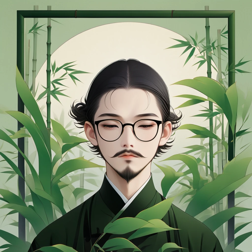 (masterpiece, best quality:1.2),  alone, Minimalist Art Nouveau，illustration style，Black and green，bamboo，Chinese elements, Asian men, with stubble, short beard, short mustache, Beard scum, slightly curly hair, and black square plastic-framed glasses
