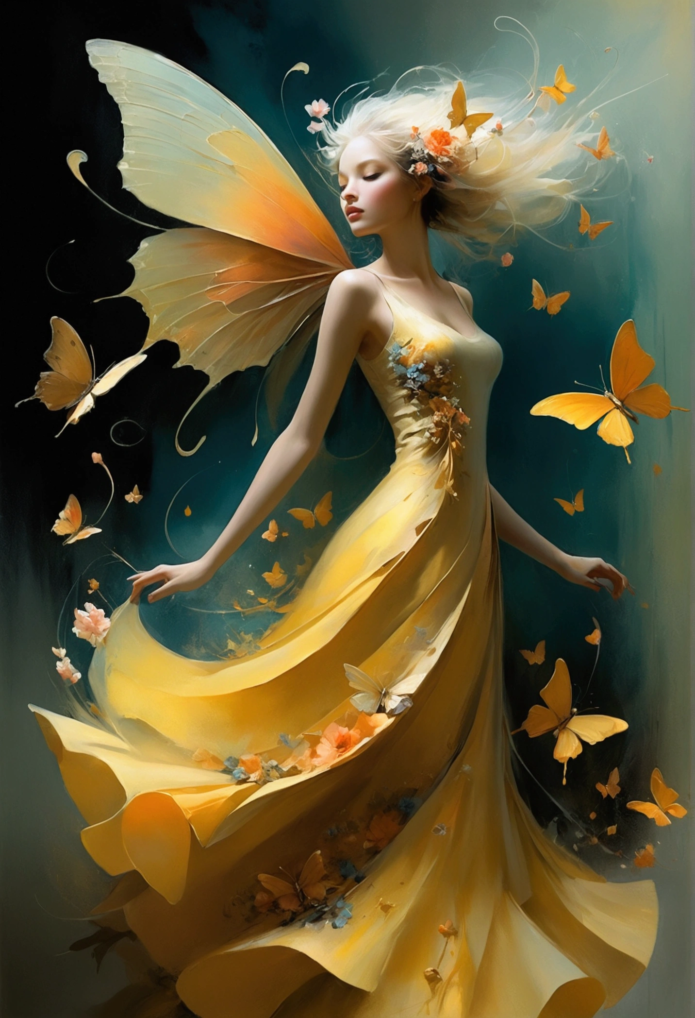 haos, chic, bright coloured, art by Anne Bachelier, atmospheric, a girl, chic, butterflys, blooming flowers, In Motion, Dramatic, fully body, organic composition