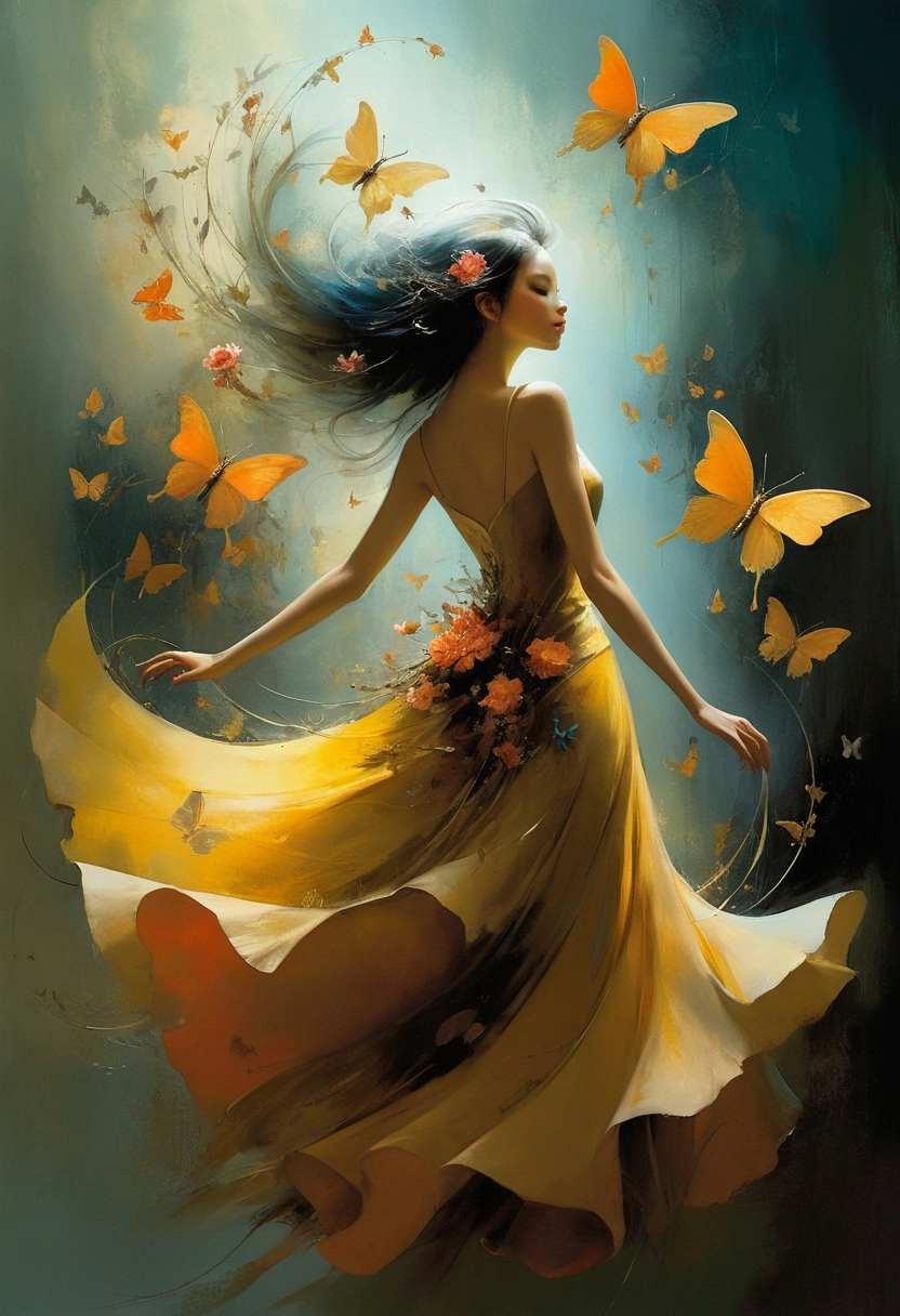 haos, chic, bright coloured, art by Anne Bachelier, atmospheric, a girl, chic, butterflys, blooming flowers, In Motion, Dramatic, fully body, organic composition